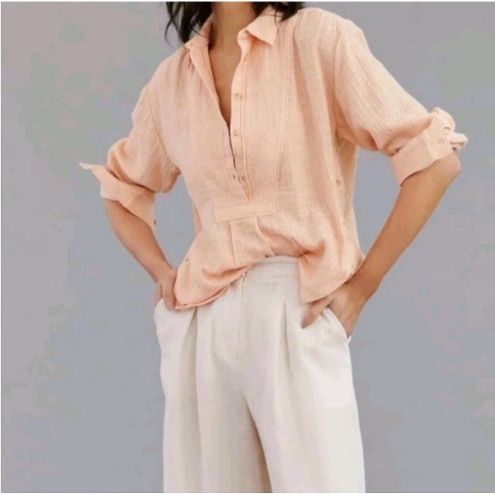 Anthropologie Orange Peach Cotton Gauze Bib-Front Popover Long Sleeve Shirt S